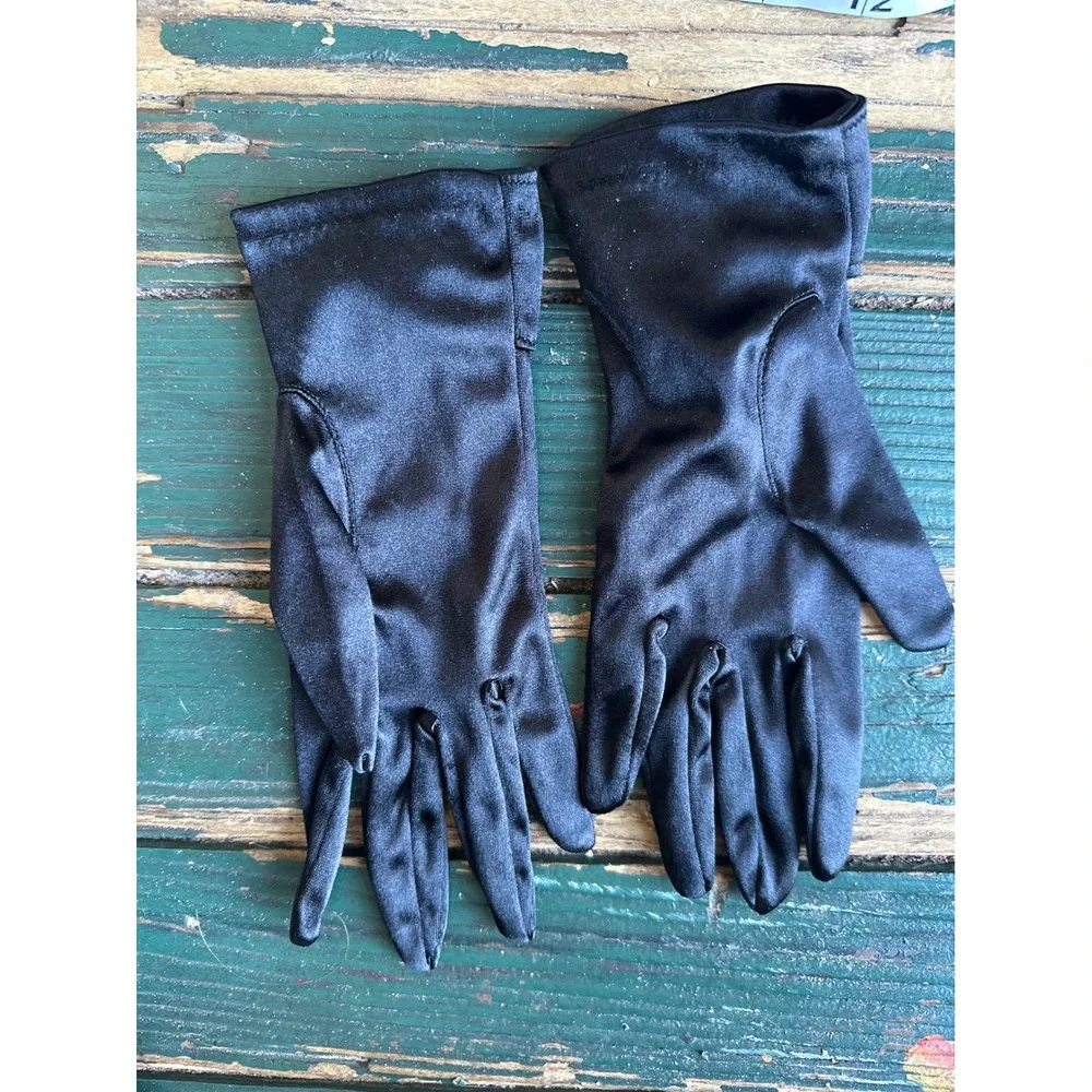 Vintage Black Satin Bow Wrist Length Formal Evening Gloves One Size RN 81088